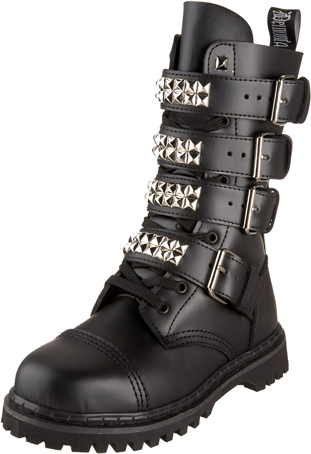 outer side view of real black leather mid-calf boot, full front lace-up, no zipper, features 4 silver pyramid studded adjustable straps that cover laces