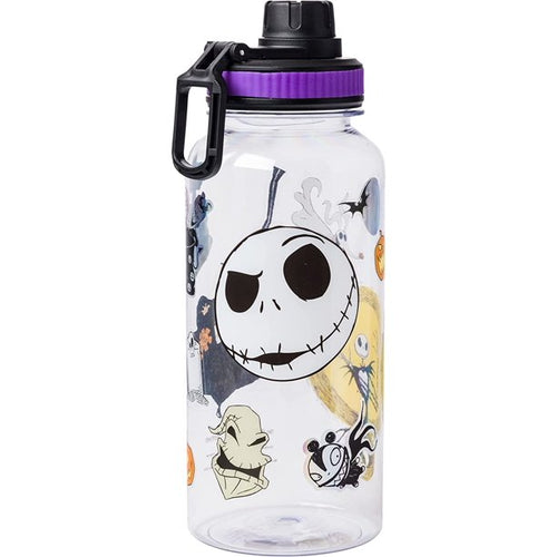 front of Nightmare Before Christmas Jack smirk face plastic travel bottle with twist lid. Bottle is holographic, and also features pictures of several Nightmare Before Christmas characters. Constructed from unbreakable high-quality BPA-free Eastman Twist plastic.