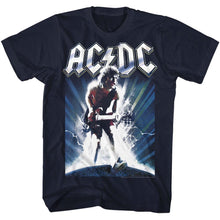 Load image into Gallery viewer, Navy blue ACDC band shirt with Angus Young playing guitar on the front.
