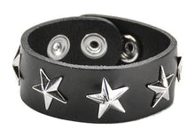 Load image into Gallery viewer, Black leather bracelet with 5 silver star studs.

