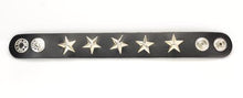 Load image into Gallery viewer, Black leather bracelet with 5 silver star studs.
