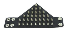 Load image into Gallery viewer, Triangular small black leather gauntlet bracelet with silver cone spikes.
