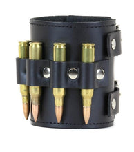 Load image into Gallery viewer, Black leather bracelet five brass bullets.
