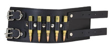 Load image into Gallery viewer, Black leather bracelet five brass bullets.
