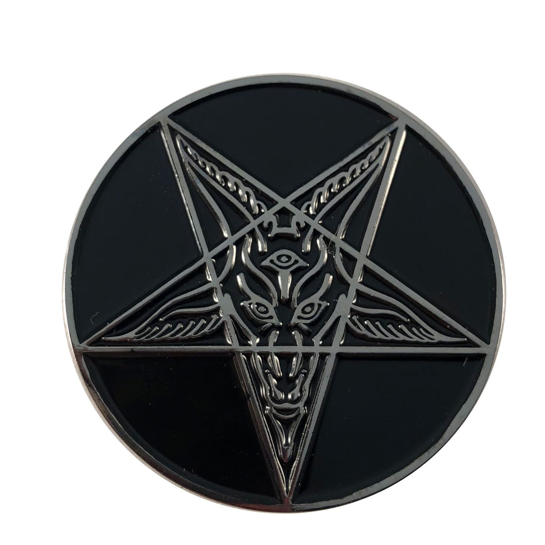 circular upside down pentagram baphomet graphic pin