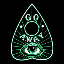 Load image into Gallery viewer, glow in the dark ouija board pin with text that reads &quot;go away&quot;
