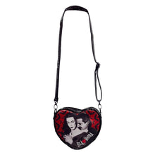 Load image into Gallery viewer, bela lugosi and vampira graphic with black and red bats on heart shaped purse
