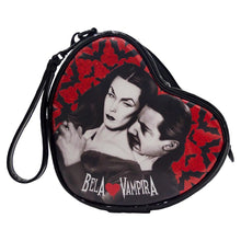 Load image into Gallery viewer, bela lugosi and vampira graphic with black and red bats on heart shaped purse
