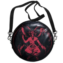 Load image into Gallery viewer, front of Round black vegan leather wristlet purse with a red baphomet print on the front and satanic symbols printed on the back. 

