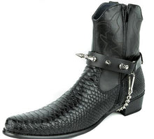 Load image into Gallery viewer, black leather bootstrap with multiple 1&quot; silver spikes and silver hanging chain
