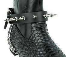 Load image into Gallery viewer, black leather bootstrap with multiple 1&quot; silver spikes and silver hanging chain
