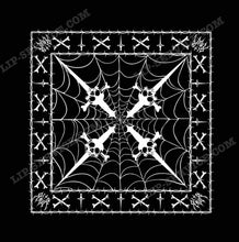 Load image into Gallery viewer, Black and white classic Lip Service logo bandana. Bandana has spider webs, barbwire, cross bones and daggers.

