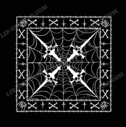 Black and white classic Lip Service logo bandana. Bandana has spider webs, barbwire, cross bones and daggers.