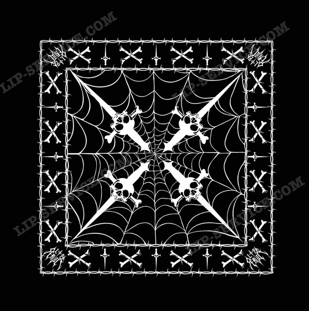 Black and white classic Lip Service logo bandana. Bandana has spider webs, barbwire, cross bones and daggers.