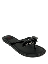 Load image into Gallery viewer, side of Black flat sandal with vegan leather patent bat on top.  Vegan leather with black rubber outsole.
