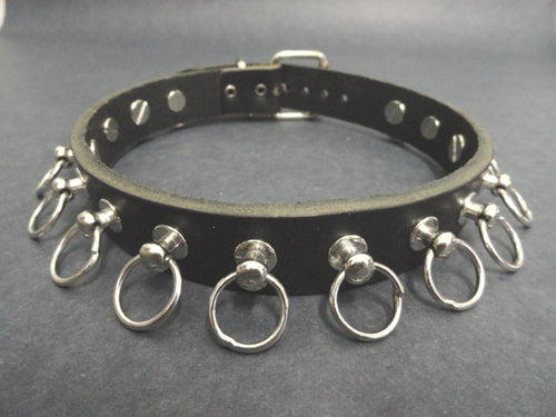 black leather collar with 15 silver hanging o ring studs