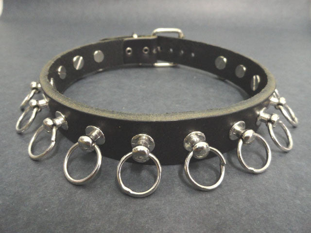 black leather collar with 15 silver hanging o ring studs