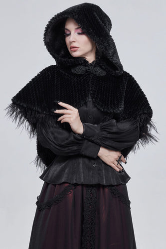model showing front of cloak with hood up