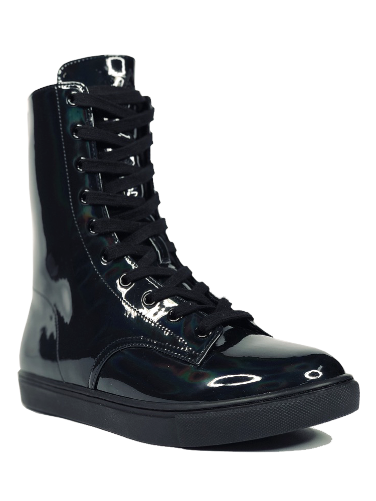 Women's black shiny hologram shoe with black cotton laces. Inner side of shoe has slots for cards (credit cards, ID, etc.) Rubber outsole.