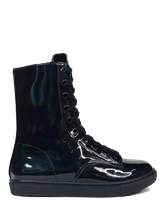 Load image into Gallery viewer, outer view of Women&#39;s black shiny hologram shoe with black cotton laces. Inner side of shoe has slots for cards (credit cards, ID, etc.) Rubber outsole.
