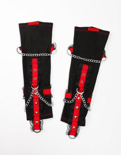 Black and red stretchy arm warmers with bondage straps, chain, D rings, and black lace details.