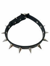 Load image into Gallery viewer, Black leather collar with single row of small silver cone spikes.
