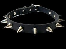 Load image into Gallery viewer, Black leather collar with single row of small silver cone spikes.
