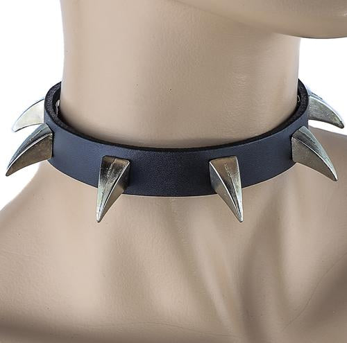 leather choker with multiple 1 inch silver claw spikes
