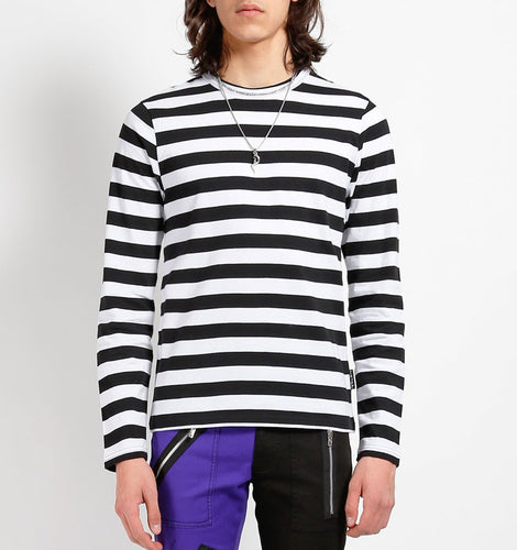 front of Soft cotton black and white striped shirt, with a classic crew neck.