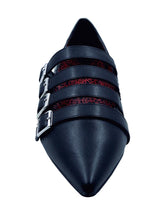 Load image into Gallery viewer, top of Black pointed toe shoe with four straps over the top with silver buckle details. Shoes are 100% vegan with a rubber outsole.
