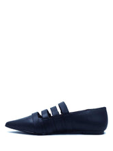 Load image into Gallery viewer, side of Black pointed toe shoe with four straps over the top with silver buckle details. Shoes are 100% vegan with a rubber outsole.
