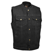 Load image into Gallery viewer, front view of Men&#39;s black snap front vest with open collar. Vest has two breast pockets and a hand pocket on each side
