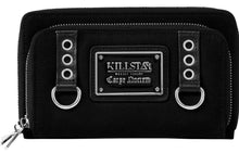 Load image into Gallery viewer, front view of black vegan leather wallet featuring a multi-compartment for cards. Wallet has silver hardware, zips with cross pulls, studs and D-rings.
