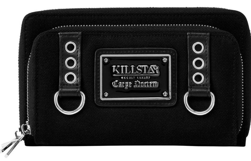 front view of black vegan leather wallet featuring a multi-compartment for cards. Wallet has silver hardware, zips with cross pulls, studs and D-rings.