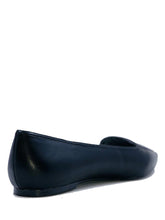 Load image into Gallery viewer, back of Black flats with pointy toe. Top of flats have silver Ouija board planchette print with red center. Inside sole of shoe is a black and white spiderweb-like pentagram print.
