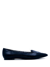 Load image into Gallery viewer, side of Black flats with pointy toe. Top of flats have silver Ouija board planchette print with red center. Inside sole of shoe is a black and white spiderweb-like pentagram print.
