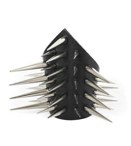 triangular shaped black leather gauntlet bracelet with multiple rows of two inch silver needle spikes