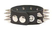 Load image into Gallery viewer, Black leather bracelet with two rows of cone silver spikes.

