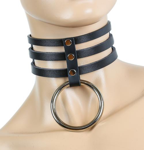 mannequin displaying black leather three row strap sub bondage collar with large silver hanging o ring