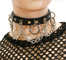 Load image into Gallery viewer, Black leather collar with silver hanging O rings and silver hanging chain.
