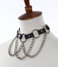 Load image into Gallery viewer, Black leather collar with multiple silver O rings with silver hanging chains.
