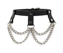 Load image into Gallery viewer, Black leather collar three hanging leather straps with silver D rings attached with two rows of silver chains hanging from the D rings.
