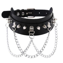 Load image into Gallery viewer, Black leather collar with silver spikes and small silver D rings with attached silver hanging looped chains.
