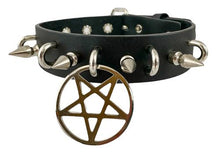 Load image into Gallery viewer, Black leather collar with 1&quot; silver spikes, silver U ring detail, and 2&quot; silver inverted pentagram hanging from front center.
