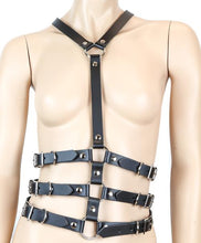 Load image into Gallery viewer, mannequin displaying front of black leather y shaped body harness. shows three adjustable buckles on each side of torso and silver o ring details
