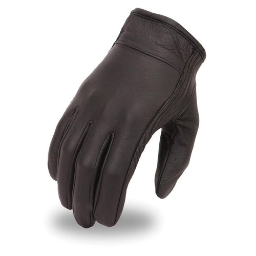outside of Black leather lined cruising glove with gel palm and adjustable Velcro wrist strap. Leather.