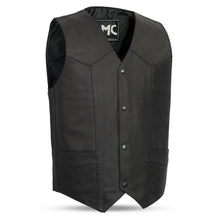 Load image into Gallery viewer, front of Black leather four snap vest, with four button snap closure. Two horizontal pockets, two conceal carry pockets with tapered holsters. Interior pockets one cellphone pocket on left hand side. Mesh lining on inside back panel.
