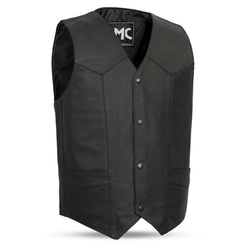 front of Black leather four snap vest, with four button snap closure. Two horizontal pockets, two conceal carry pockets with tapered holsters. Interior pockets one cellphone pocket on left hand side. Mesh lining on inside back panel.