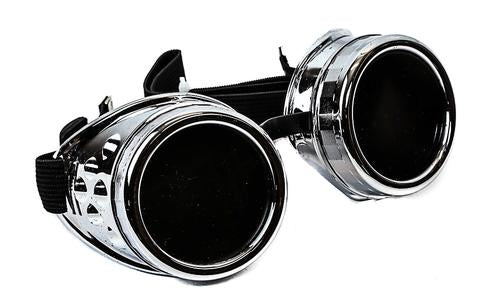 Silver steampunk goggles with black lenses.