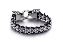 Load image into Gallery viewer, Black/Silver Colored Woven Double Wolf Head Bracelet

